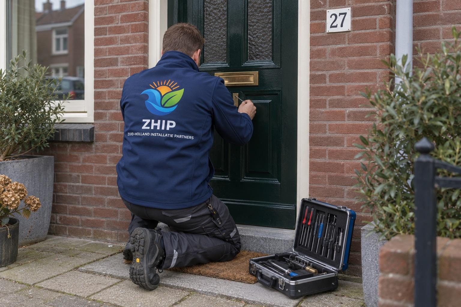 ZHIP-monteur, van achteren gezien, opent het slot van een voordeur