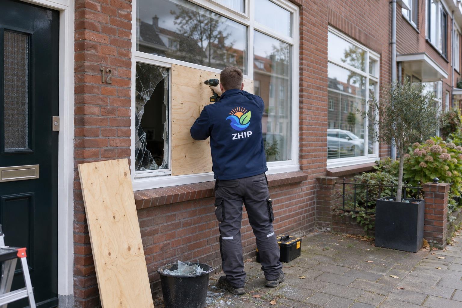 ZHIP-monteur, van achteren gezien, zet een ingeslagen raam dicht met een plaat