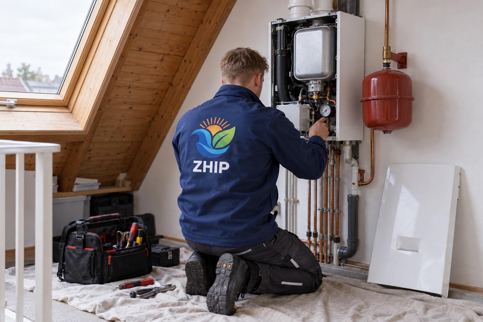 ZHIP-monteur, van achteren gezien, controleert een hangende cv-ketel op de zolder van een woning
