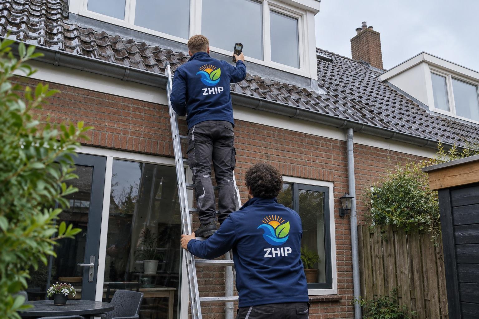 Twee ZHIP-monteurs, van achteren gezien, inspecteren de dakkapel vanaf een ladder