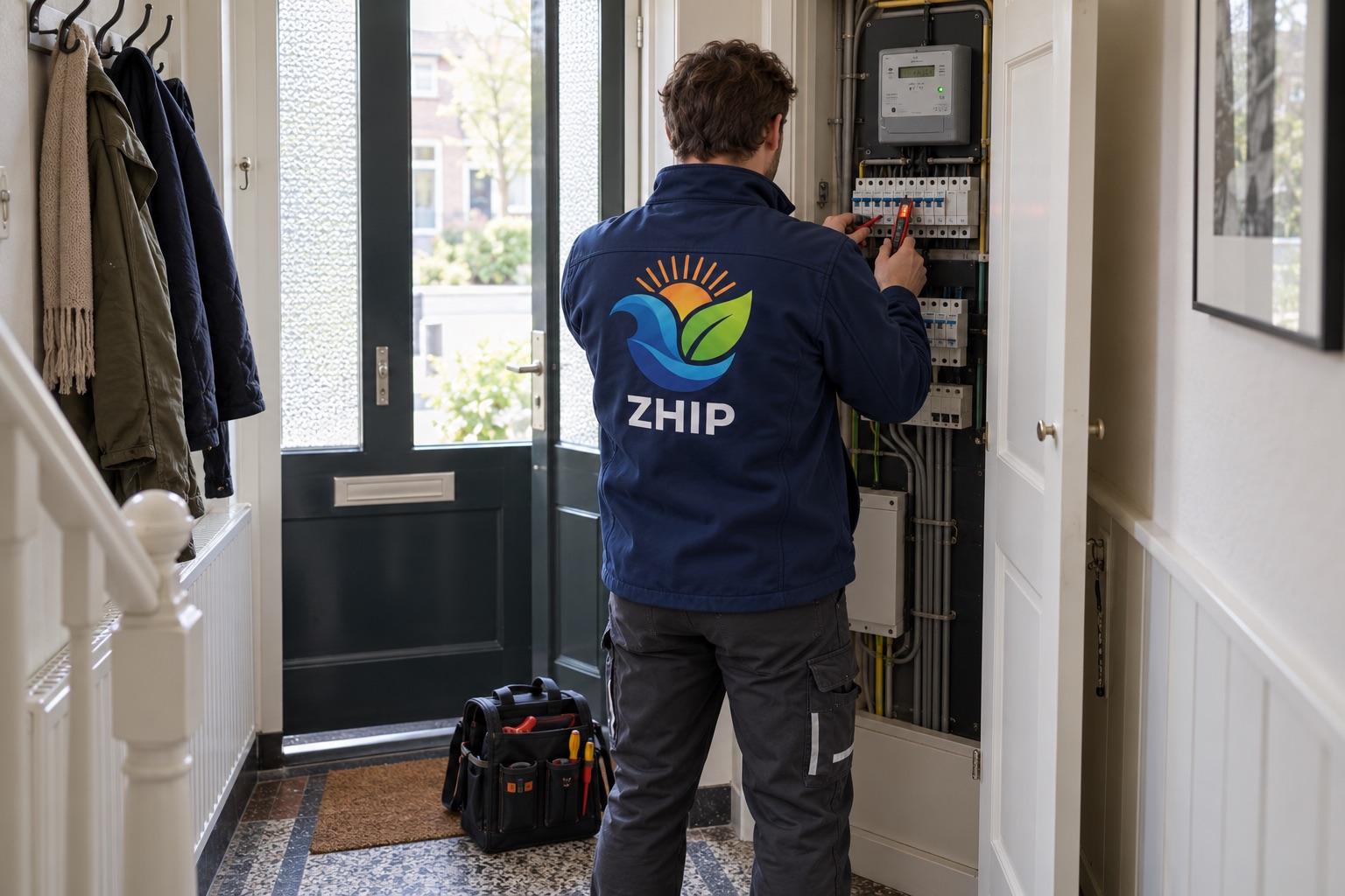 ZHEP-monteur, van achteren gezien, meet aan de groepenkast in de meterkast van een woning