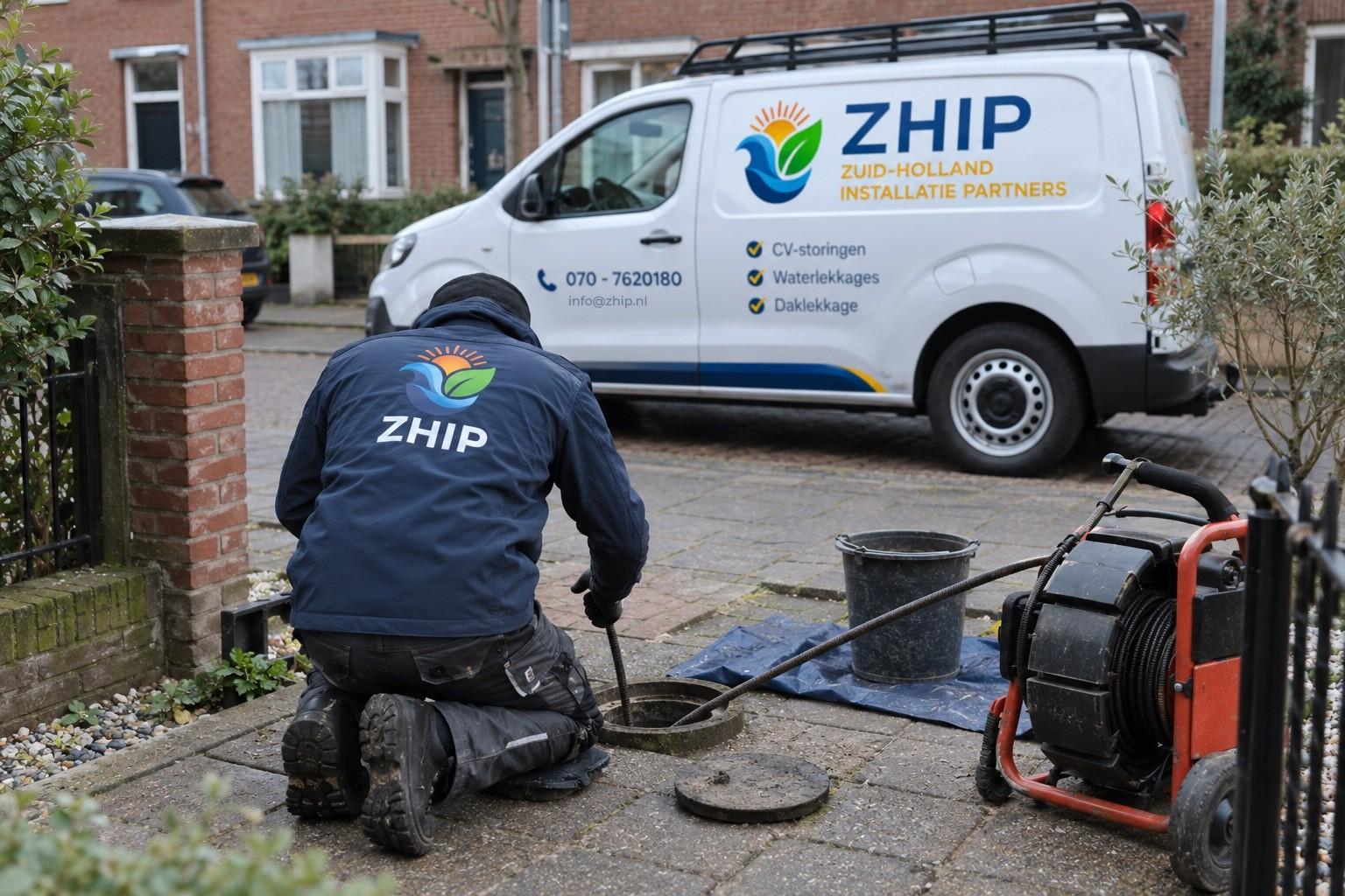 ZHIP-monteur, van achteren gezien, ontstopt een afvoerput in de voortuin, de ZHIP-bus staat aan de stoeprand