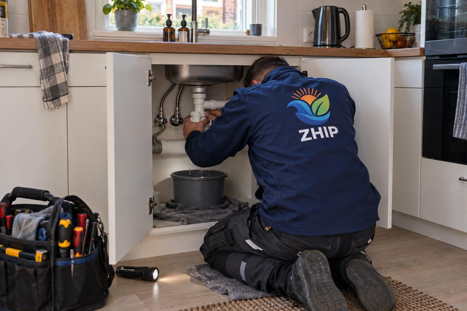 ZHIP-monteur, van achteren gezien, verhelpt een lekkende sifon onder het aanrecht