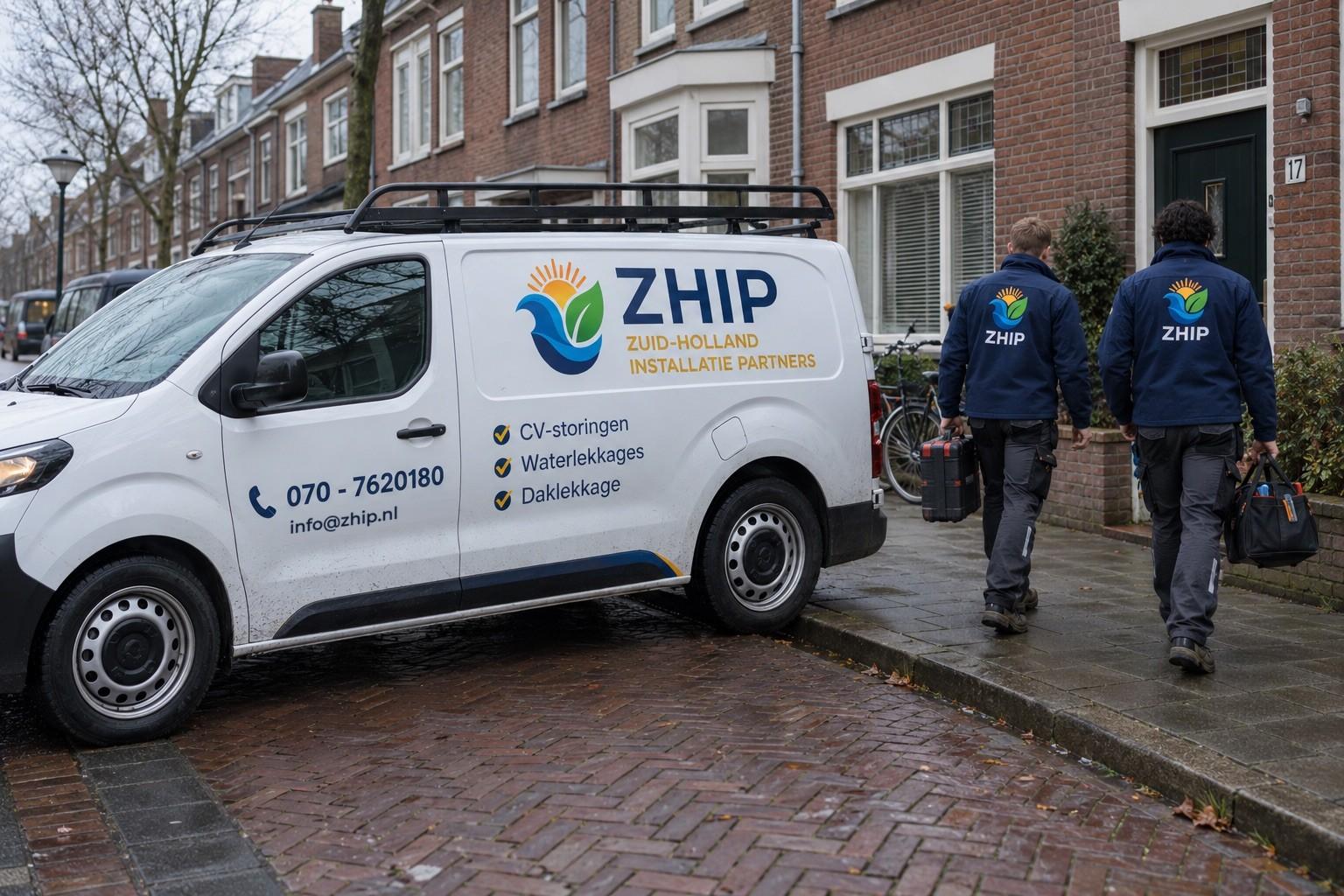 ZHIP-bestelbus met dakdrager in een woonstraat, twee ZHIP-monteurs lopen met gereedschap naar een voordeur
